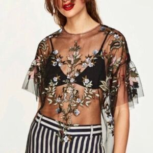 Zara Black Sheer Floral Embroidered Blouse XS Whimsygoth Fairy Feminine Boho
